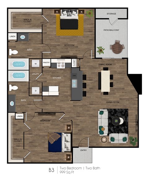 Floor plan for 2 beds, 2 baths, 999 sqft